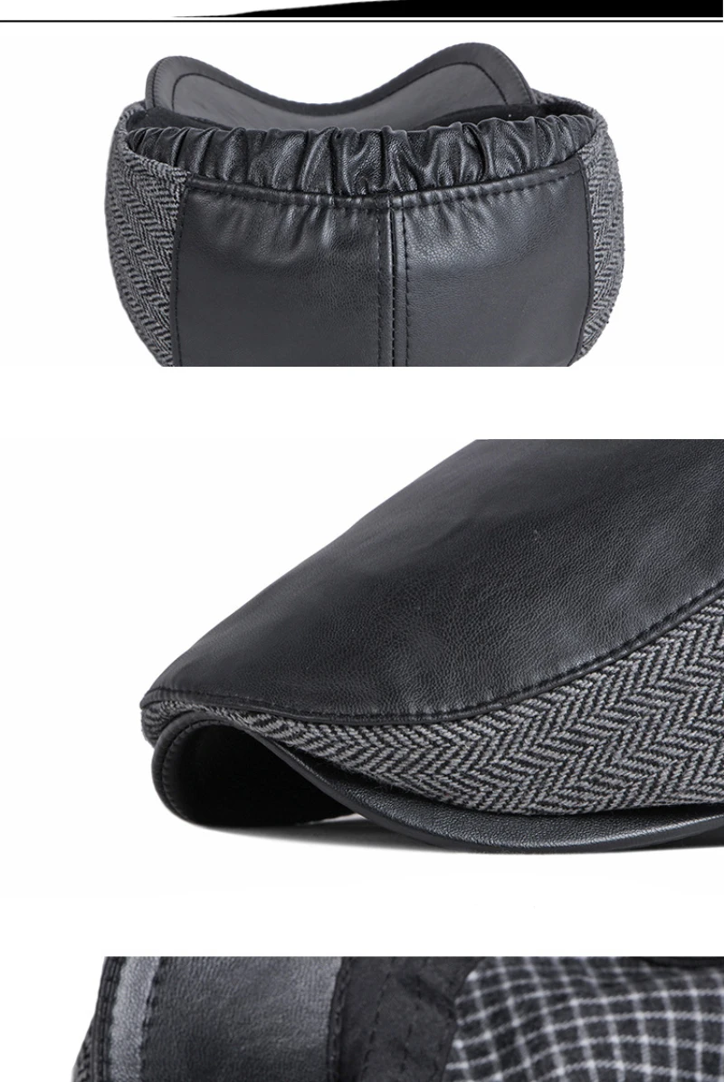 HT3745 Berets Männer Neue Winter Hut Leder Flache Kappe Männlich Plus Größe Baskenmütze Hut Vintage Baskenmütze Kappe Papa Hüte mit Ohrenklappen – Detail 13