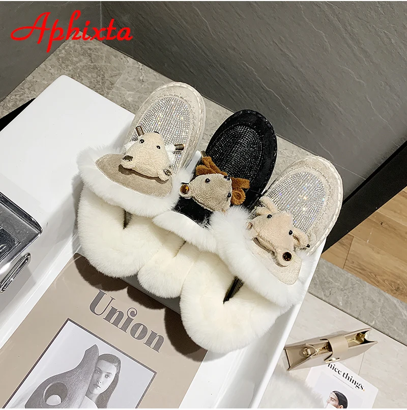Aphixta теплые зимние ботинки с украшением в виде кристаллов; женская разноцветная зимняя обувь на плоской подошве с Плюшевым Мехом и бантом в виде медведя