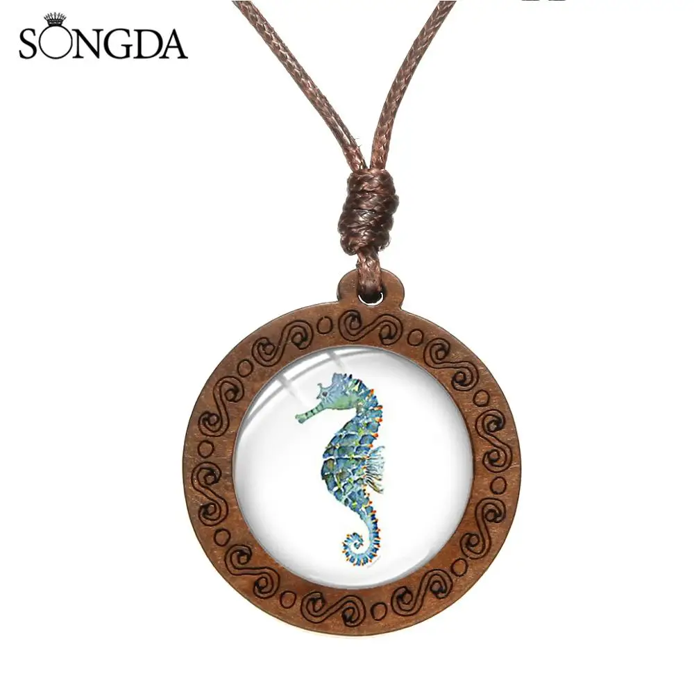 Simple Modern Sea Horse Dolphin Comic Style Necklace Hand Craft Glass Photo Dome Wooden Pendant Choker Xmas Gift for Kids | Украшения и