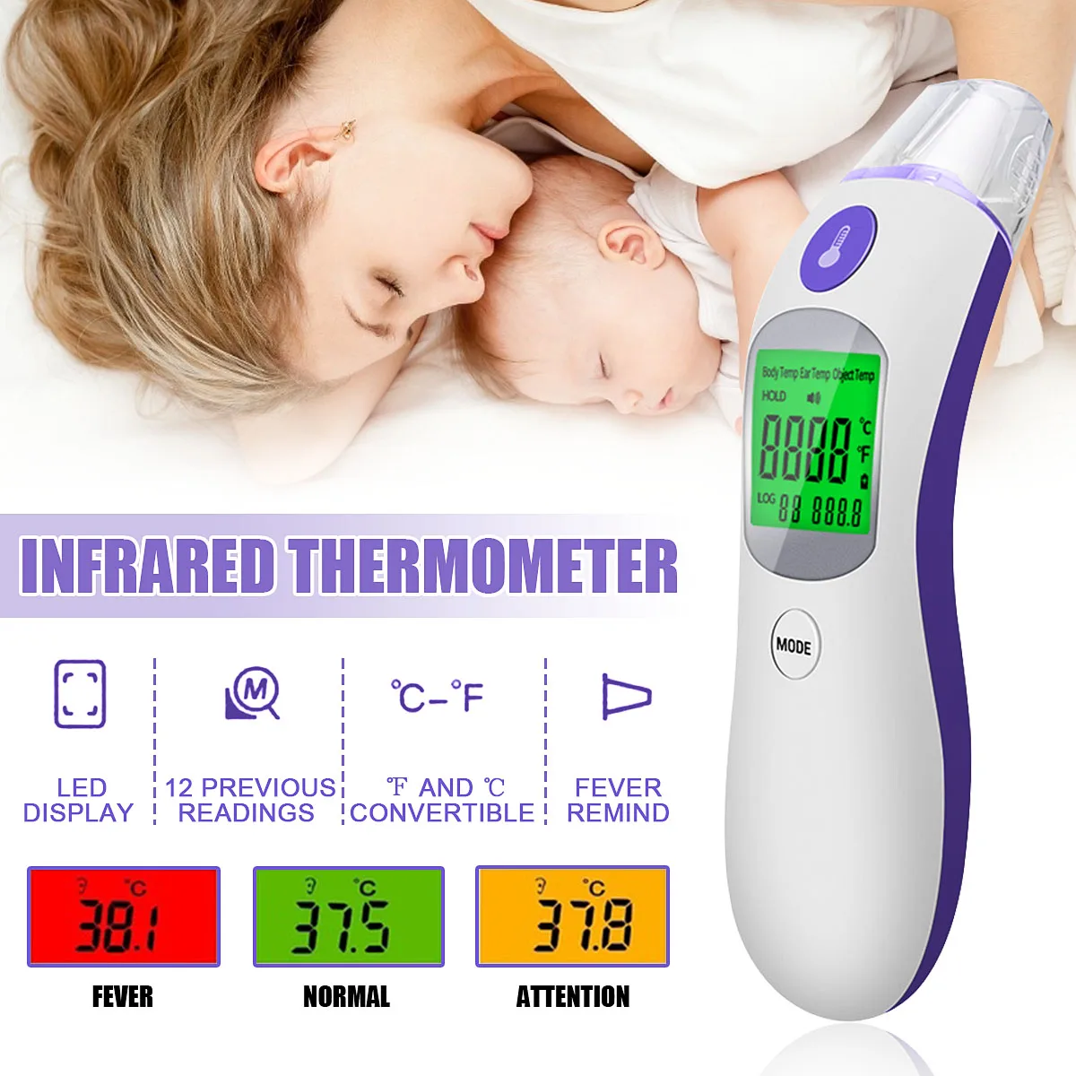 

Accurate Digital Infrared Thermometer Non-Contact Temperature Meter Forehead Ear Pyrometer IR Laser Point Gun For Baby Adult