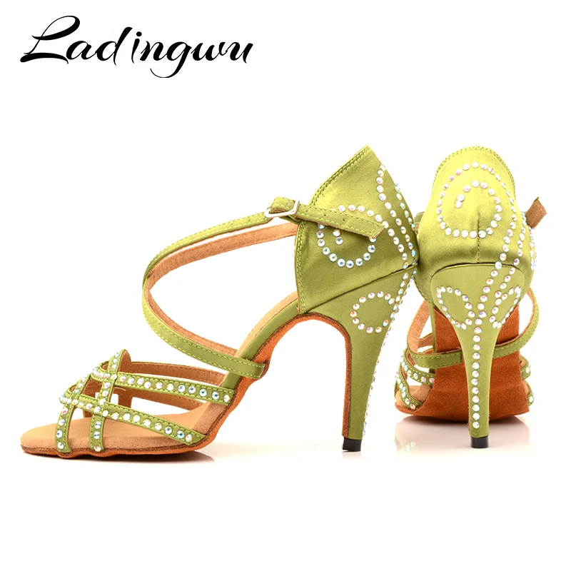 Ladingwu Dance Shoes Latin Women Rhinestone Salsa Shoes Dance Ballroom Party Profession Dance Shoes Heel 10cm Green Skin Color