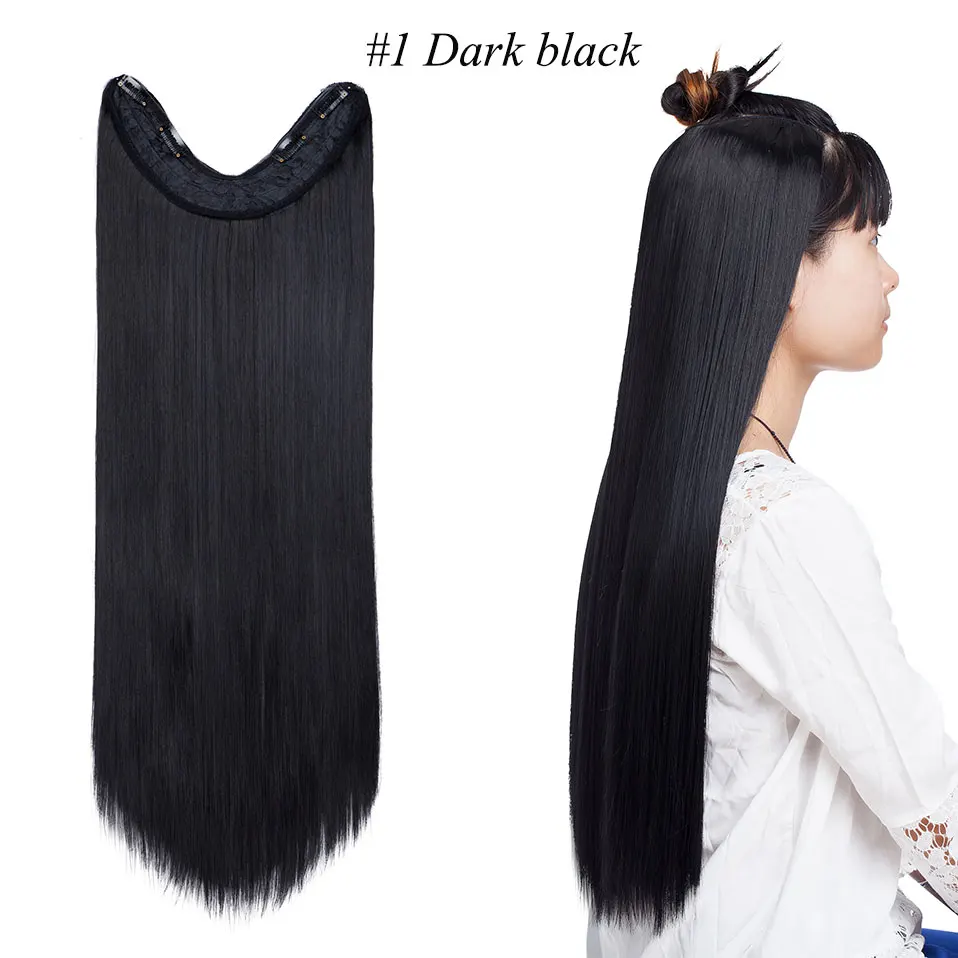 dark black S-noilite 24 дюйма длинные прямые заколки в одном куске для наращивания волос Синтетические заколки в волосах черный коричневый поддельные шиньоны для женщин - Цвет: dark black