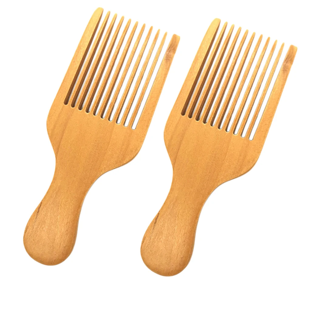 2 Pack of Hair/Beard Pick Comb – Natural Brown Color Wood Scalp Massage Comb With Portable Handle (Wide Tooth)