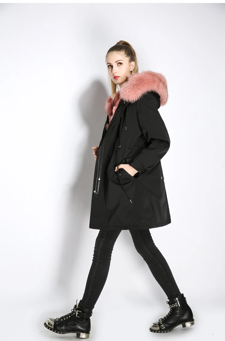 Fur Coat Plus Size Drop Shouler Pink Raccoon Fur Collar Hooded Warm Long Parkas Women Winter Casual Fox Fur Lining Fur Outwear
