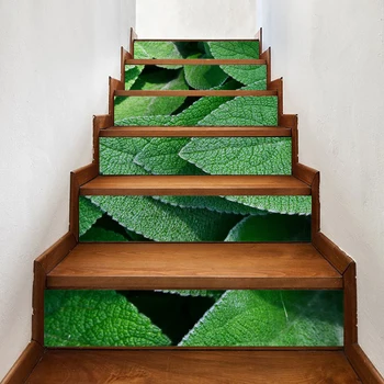 

6 Pcs PVC Mural Paper Green Leaf Print Renew Stair Stickers Home Decor Picture Self Adhesive Waterproof Wallpaper For Bedroom