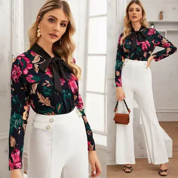 

Spring Fashion Women Floral Bodysuit Long Sleeve Bow Tie Flower Patchwork Slim Bodysuit Jumper Leotards OL Tops Clothes