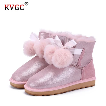 

KVGC high quality cowhide Fur Leather Shearling Lined Women warm Winter Boots Pom-pom Style Snow Boots lovely for Girls Boots