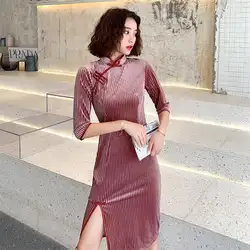 Элегантный Улучшенный Ципао длиной до колена Cheongsam Vestidos Размер S-2XL винтажное бархатное женское вечернее платье