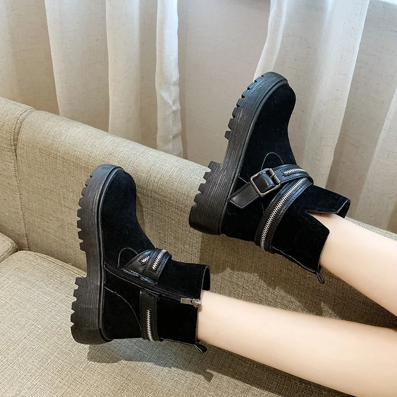 

Autumn And Winter Chunky-Heel Waterproof Platform Side Zipper Short Boots Belt Buckle Side Zipper Martin Boots Women's Europe An