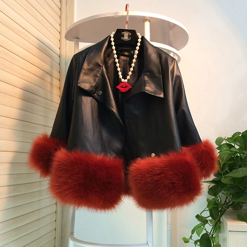 Модное зимнее женское пальто из искусственной кожи, тонкая короткая кожаная куртка с мехом лисы, женские пальто большого размера из мягкой искусственной кожи с хлопковой подкладкой WZ1014