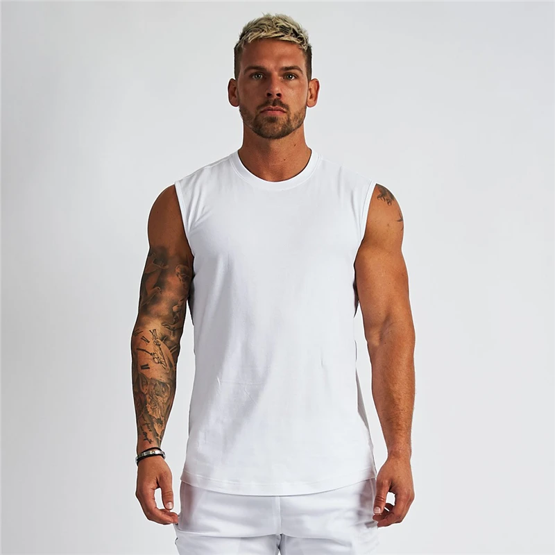 Compression Sleeveless Shirt Fitness Mens Tank Top Cotton Gym Clothing Bodybuilding Stringer Tanktop Muscle Singlet Workout Vest - Цвет: white