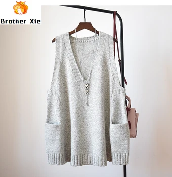 

Autumn 2020 Women Knitted Sleeveless Pullovers V-Neck Big Size Loose Tops For Women Long Pullvers Jumper Gilet Casaco Feminino