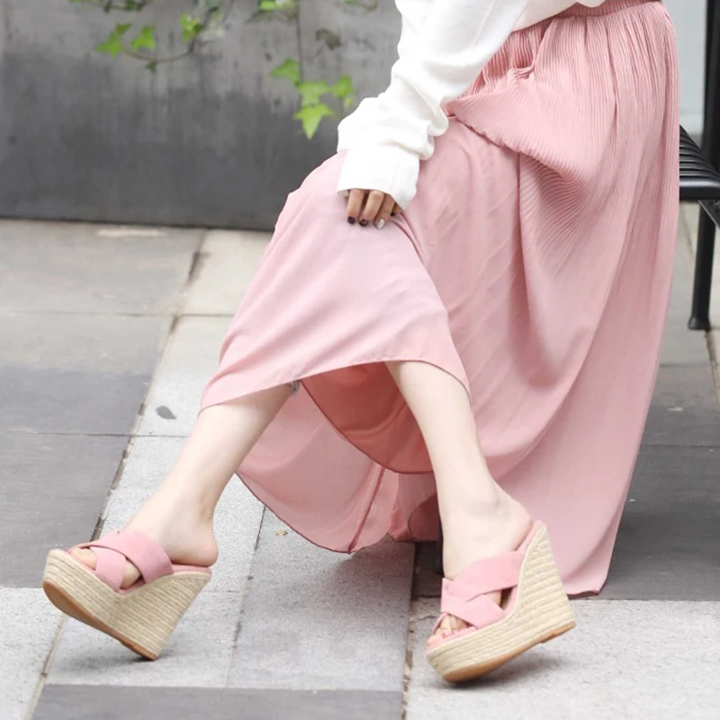 

2019 Natural Leather Peep Toe Mules Women Slip On Super High Wedges Heels Slides Ladies Luxury Straw Mules Shoes Woman