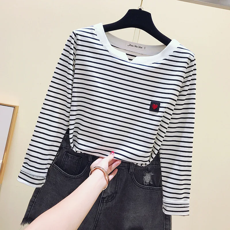 2022 Women Striped T Shirts Long Sleeve 95% Cotton Tops Casual Women Autumn T Shirts Tops Women TopsPull Femme524_voghion.com
