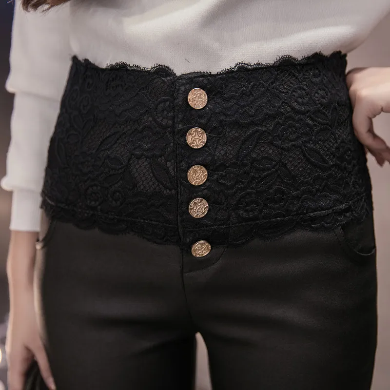 

2019 autumn PU leather pants new slim lace single-breasted with velvet pencil pants fashion OL style casual wild leggings women