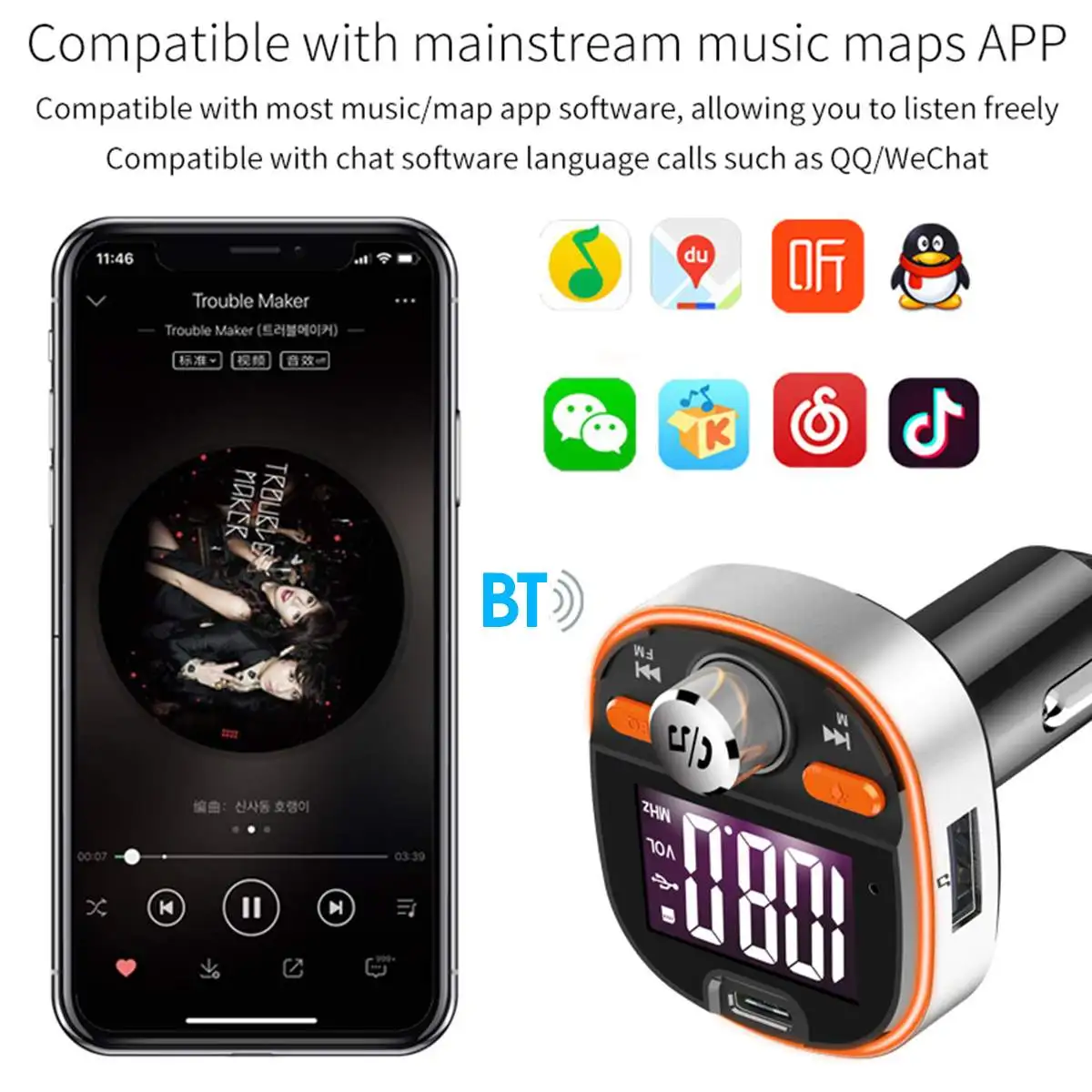 QC3.0 интеллигентая(ый) быстро Зарядное устройство bluetooth автомобильный набор, свободные руки, ЧМ-передатчик УКВ-диапазона, передатчик с красочная атмосфера светильник Дисплей DSP TF карты Aux bluetooth