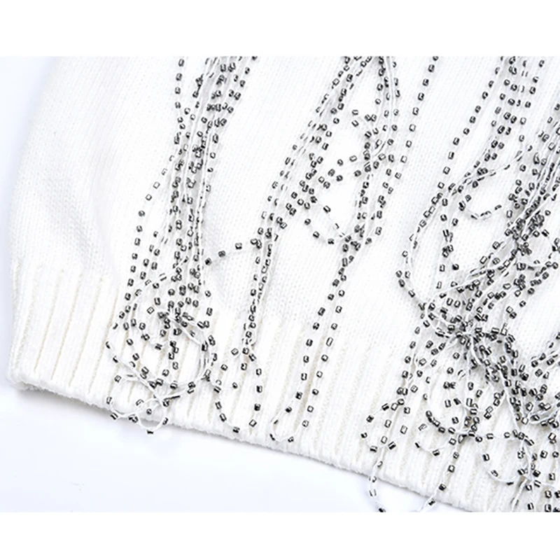 Star Style Women Knitted Sweater Tassel Sequins Beads Knitwear White Long Sleeve Outerwear Luxury Pullover O-Neck High Street