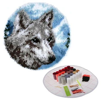 

50*50CM DIY Latch Hook Kits Needlecrafts Gifts Rug Printed Canvas Accessories Cartoon Tapestry Kits Round Wolf Animals Carpet