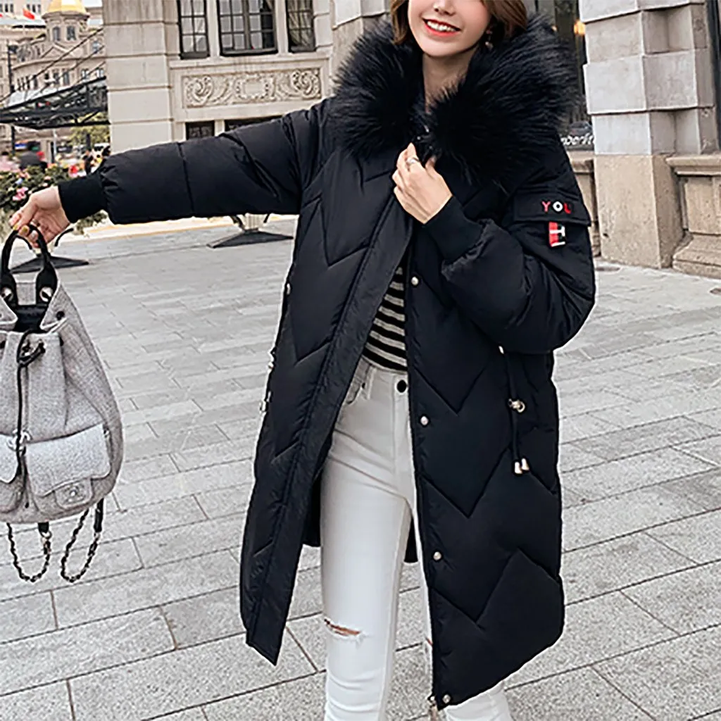 Women Down Jacket With Fur Hooded Long Coat Cotton Padded Warm Parka Womens Parkas Warm Hooded Women Outerwear Parka