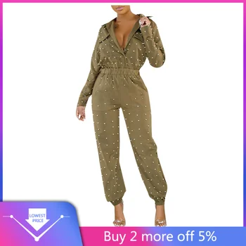 

2019 Casual Green Rompers Women Jumpsuit V-Neck Beading Jumpsuit Ropa Mujer Long Party Club Playsuits Jump Suits Combinaison#C11