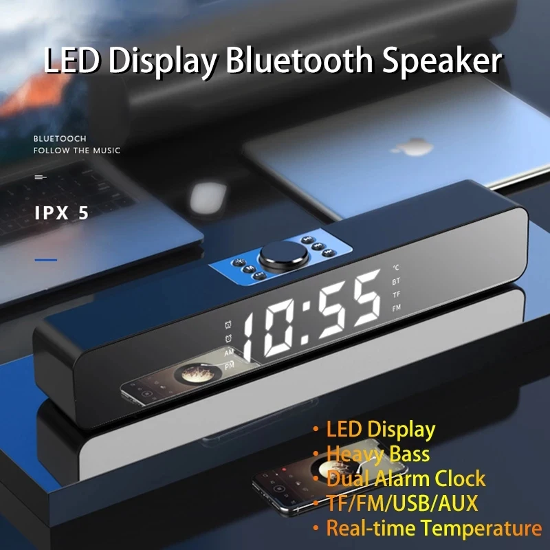 Barra de sonido LED para espejo, reloj despertador 3D con sonido, Subwoofer, Radio Estéreo, USB, inalámbrico, de mesa, AUX, USB, Compatible con PC, TV y ordenador