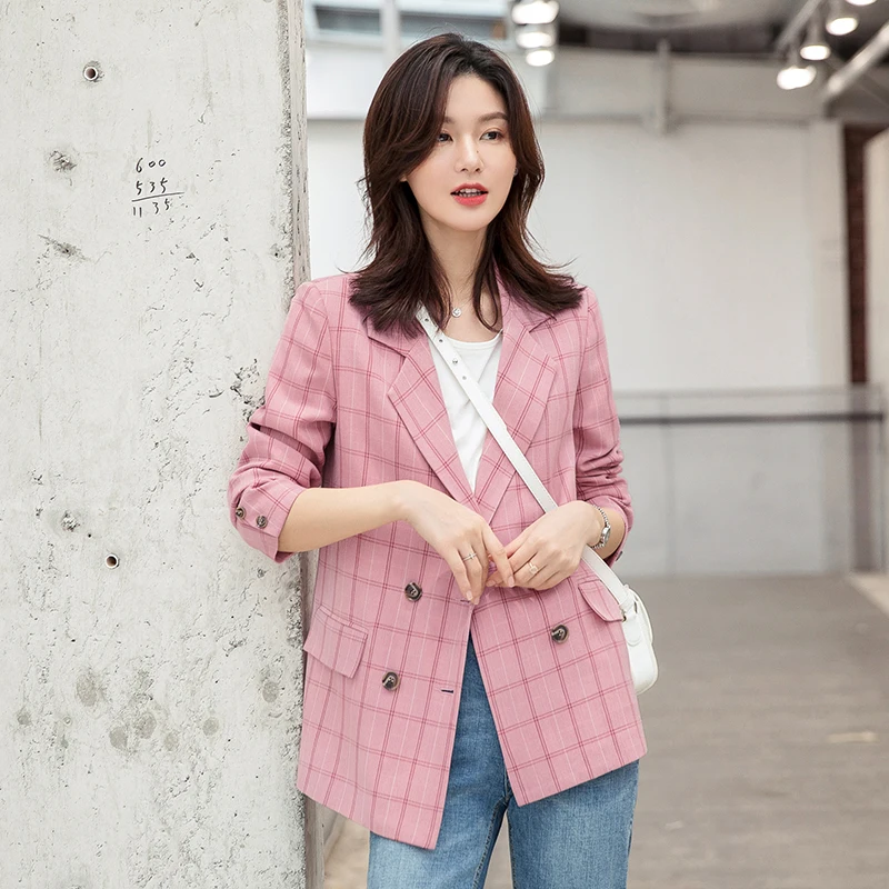

Korean Pink Plaid Ladies Blazer Simple Loose Casual Suit Jacket Stylish Abrigos Retro Spring Autumn Women's Clothing MM60NXZ