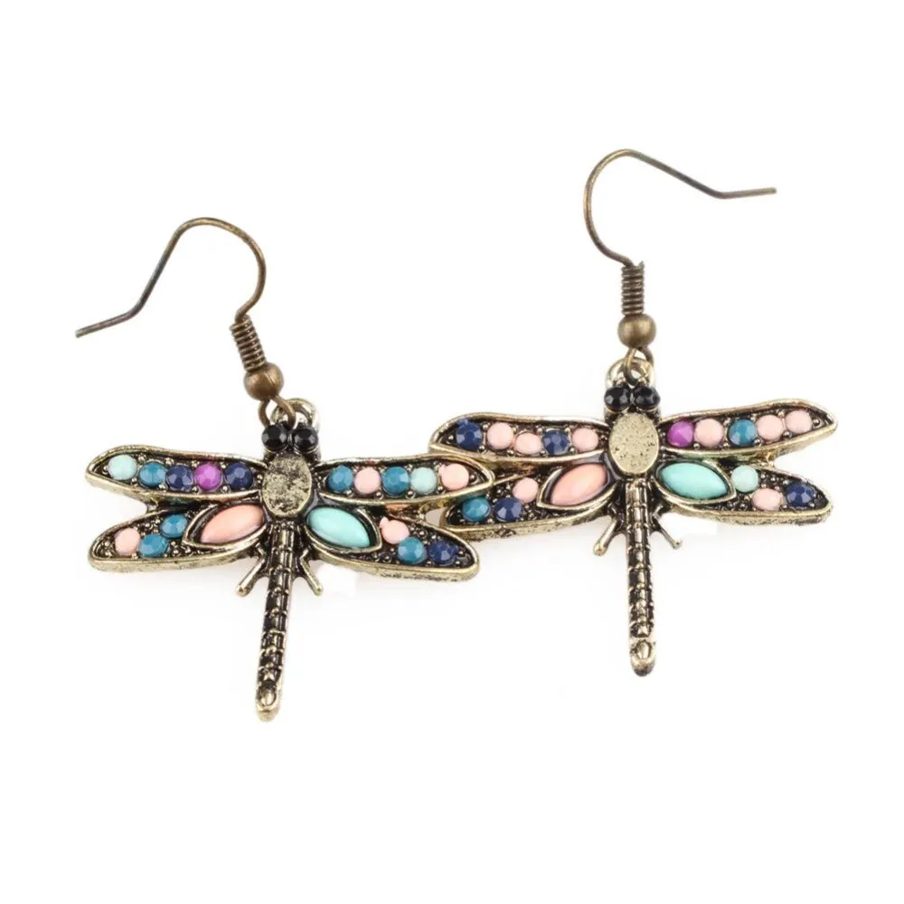 Hot Trendy Jewelry Dragonfly Shaped Woman Earrings Color Antique Bronze Drop Shipping