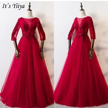 It's Yiya вечернее платье бордовый аппликации вышивка роскошное элегантное бальное платье с рукавом 1/2, для вечеринок Длинные вечерние платья E1010