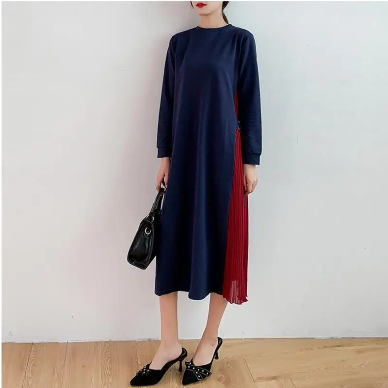 

2019 Casual Long Sleeve Woman Dress Elegant Pleated O-neck Long Dress Autumn Work Dress A-line Ladies Office Dresses Vestidos