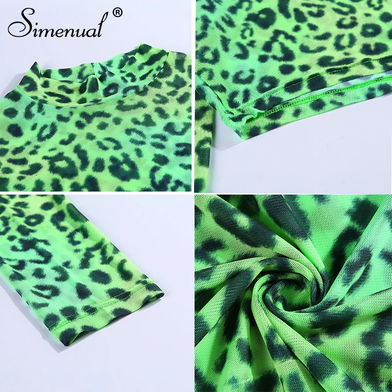 Simenual, Леопардовый сексуальный сетчатый женский короткий топ с длинным рукавом, прозрачный модный футболки, Осенние Популярные базовые зеленые обтягивающие Топы