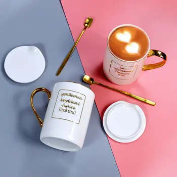 

Creative Ceramic Mug with Lid Spoon Couple Models To Cup Male Students Korean Version of The Personality Simple Household