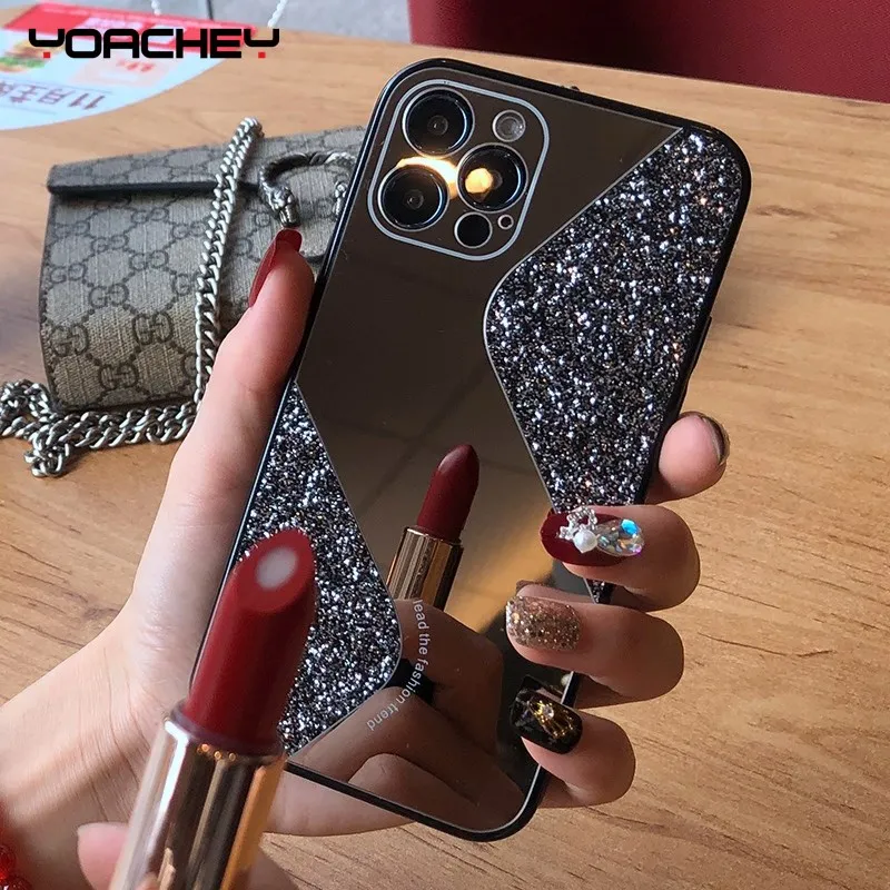 Блестящий чехол для телефона с зеркалом макияжа iPhone 12 11 Pro MAX Mini X XS XR 8 7 Plus SE 2 2020