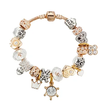 

Original New Crystal Beaded Bracelet Woman Crown Love Snowflake Pendant Pandora Style Jewelry Temperament All-match