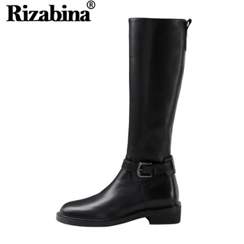 

RIZABINA Real Leather Women Retro Knee High Boots Round Toe Flats Motorcycle Boots Buckle Sexy Winter Shoes Women Size 33-44