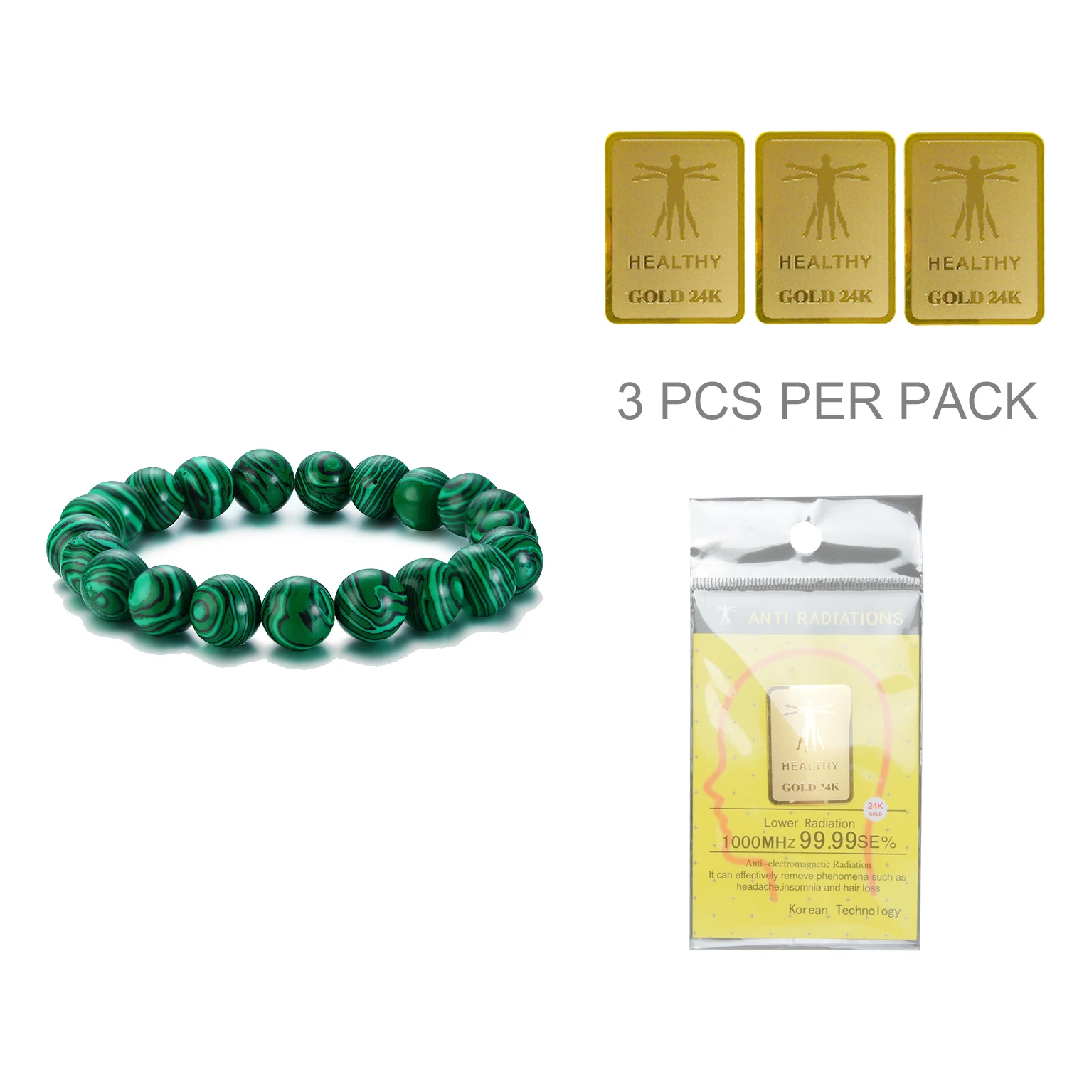 Green 24K EBUTY, натуральные мужские браслеты, черный натуральный камень, бусины, вулканический турмалин, амулеты, энергетическая подвеска, 6000CC, 24 K, наклейка для телефона - Окраска металла: Green 24K