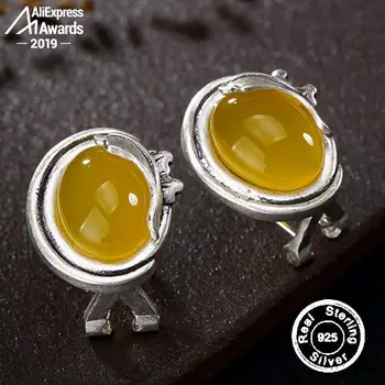 

S925 Sterling Silver Ukraine Amber Stud Earrings Antique shop lithuania Retro Chalcedony