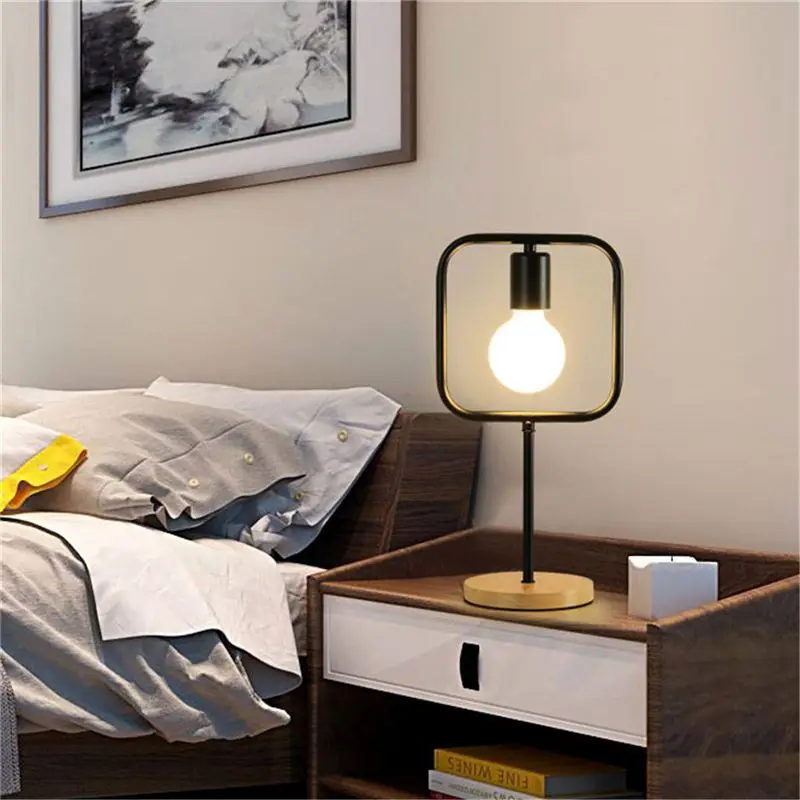 TOP Square minimalist modern wooden lamp bar bedroom bedside table lamp Creative minimalist square metal decorative lamp bed bed