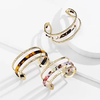 

New 2020 Punk Gold Color Alloy Acrylic Bangles For Women Simple Hollow Out Wide Cuff Bracelets Bangles Costume Jewelry Gifts