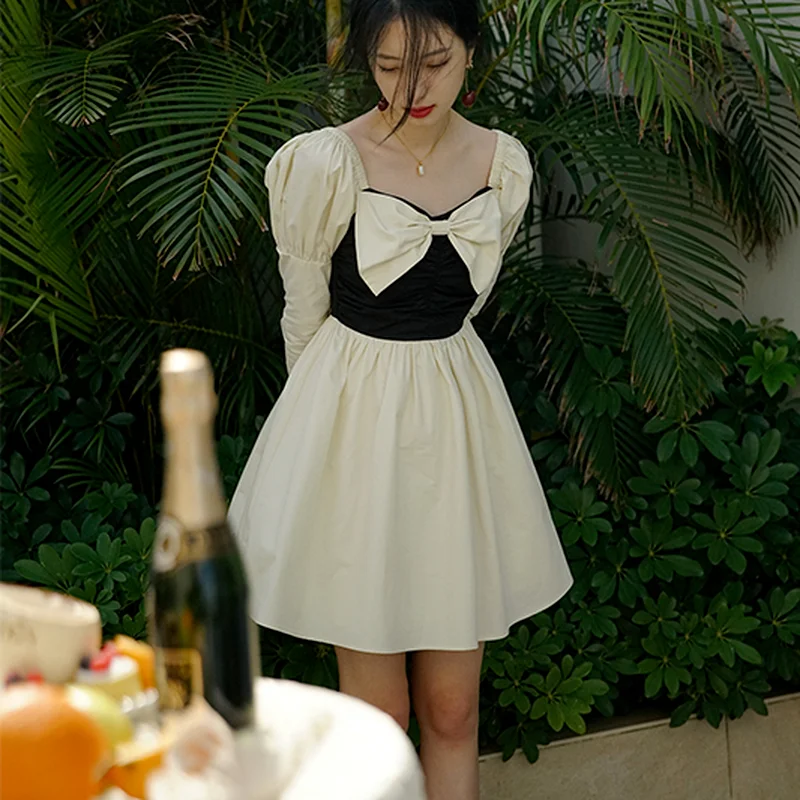 

Korean Y2K Mini Dress Women French Vintage Bow Design Evening Party Dress 2021 Fall Elegant Patchwork Long Sleeve Bodycon Dress