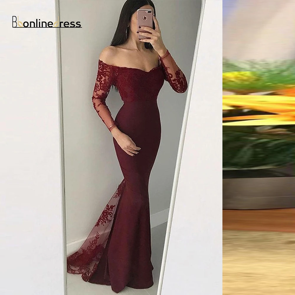 Bbonlinedress элегантное платье-Русалка для выпускного вечера с открытыми плечами вечерние платья с длинным рукавом Кружева Вечерние платья с