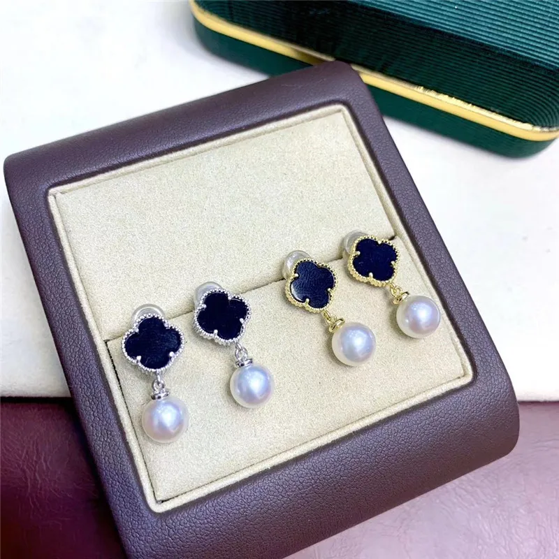 Серьги из серебра 925 пробы, черные драгоценные камни, четырехлистный клевер, серьги из натурального пресноводного жемчуга, модные цветы, компактные, антиаллергенные