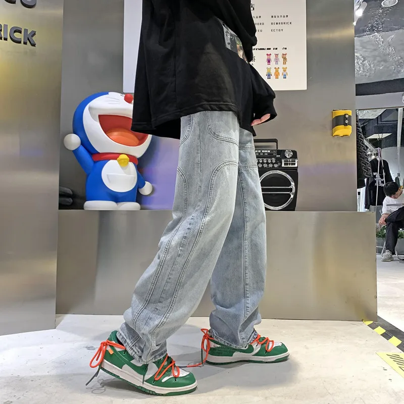 ICCLEK Tooling Jeans Men's Casual Pants Straight Loose Pants Fashion Wide-leg Pants Casual Trousers Punk Pants  Blue Pants