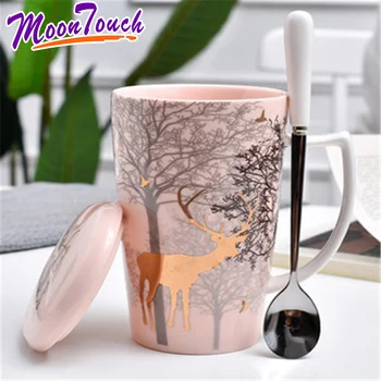 

Christmas Elk High Quality Coffee Cup and Spoon Ceramic Set Deer Gift Milk Mug with Gift Box Drinking Tea Cup with Handle
