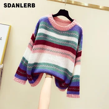 

Rainbow Striped Turtleneck Sweater Women's Loose Autumn Sweater 2019 New Student Lazy Wind Knitted Pullovers Oversized Pull