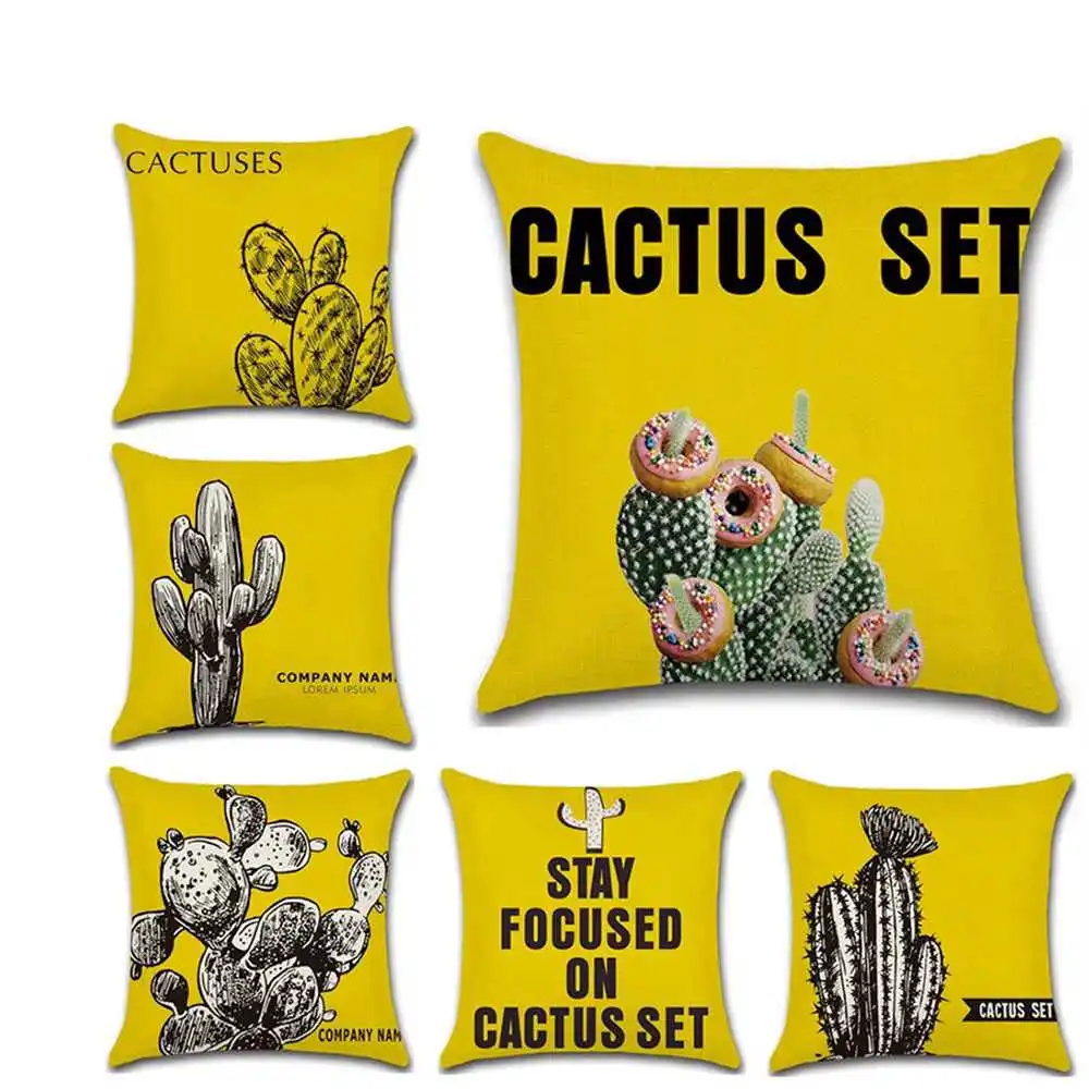 

Cute Plant Printed Pillowcase Yellow Cactus Linen Cushion Decorative Pillow Home Decor Outdoor 45*45cm