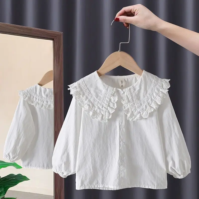 Spring 100% Cotton Lace Top White Blouse Summer Shirt Korean Baby Long Sleeve Tops Boys Shirts School Girls Blouses Camisas