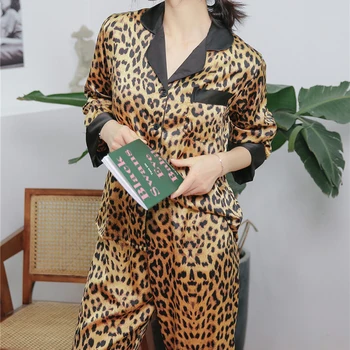 

Women Pajamas Sets Satin Leopard Print Sleepwear Female Simulation Silk Home Service Suit Sexy Lace Sleep Lounge Pijama Set New