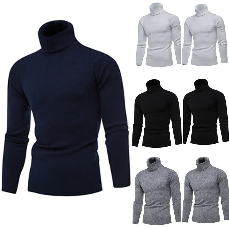 Мужская водолазка вязаный свитер хлопок длинный рукав Slim Fit Осень Зима Верхняя одежда однотонный черный белый темно синий серый M-2XL