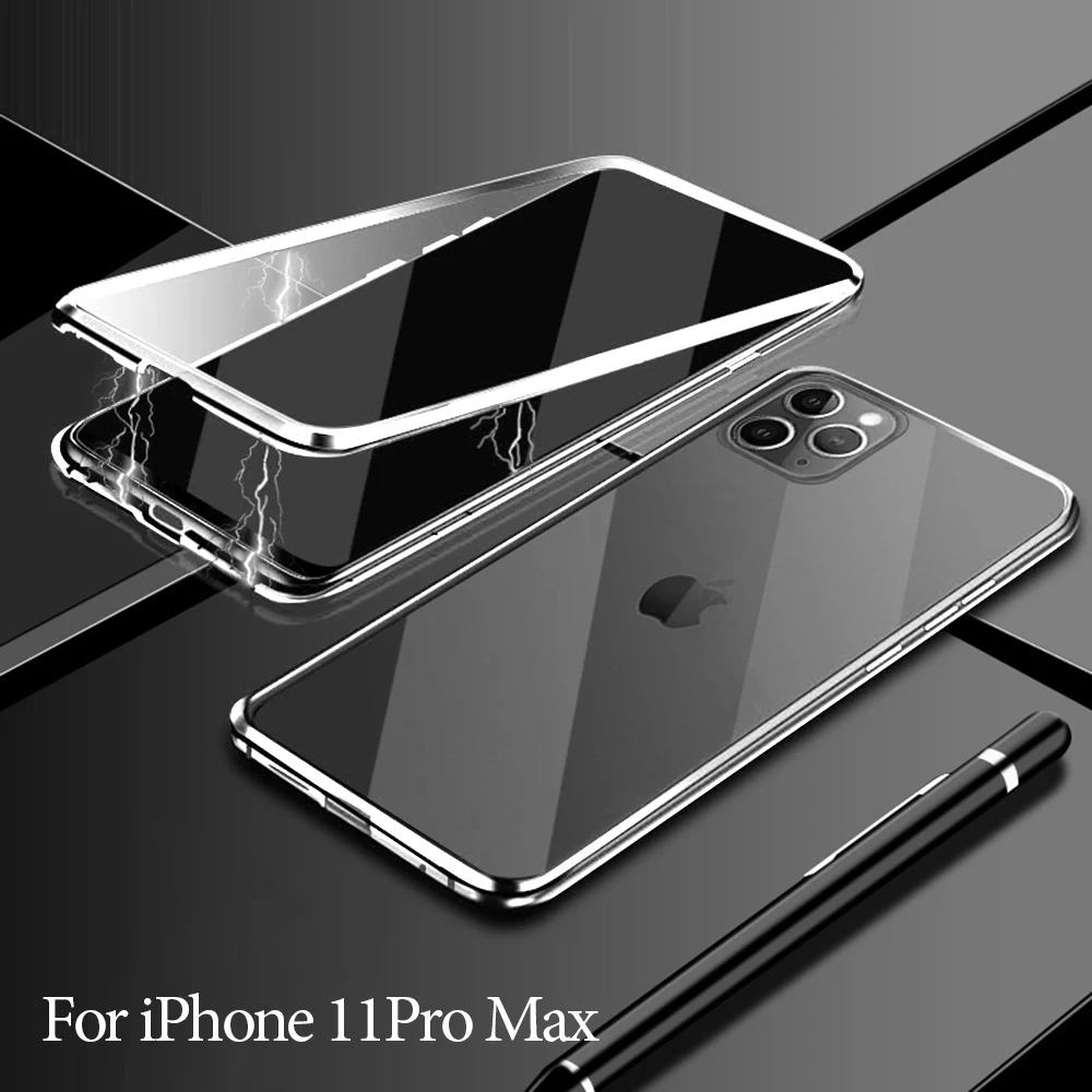 White Металлический чехол с магнитной адсорбцией для iPhone 11, чехол из закаленного стекла для iPhone 11 Pro Max, чехол s, чехол-бампер - Цвет: White
