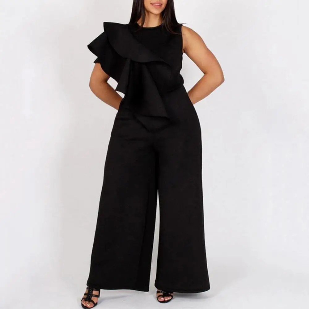 

Plain Ruffles Office Lady Long Elegant Jumpsuits Women Rompers 2019 Sleeveless Loose Black Red Wide Leg Jumpsuits